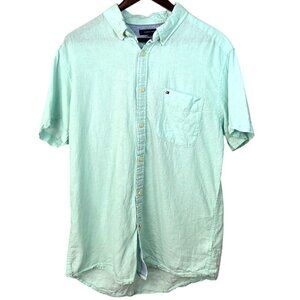 Tommy Hilfiger Custom Fit Light Blue Short Sleeve Linen Button Down Shirt Size L
